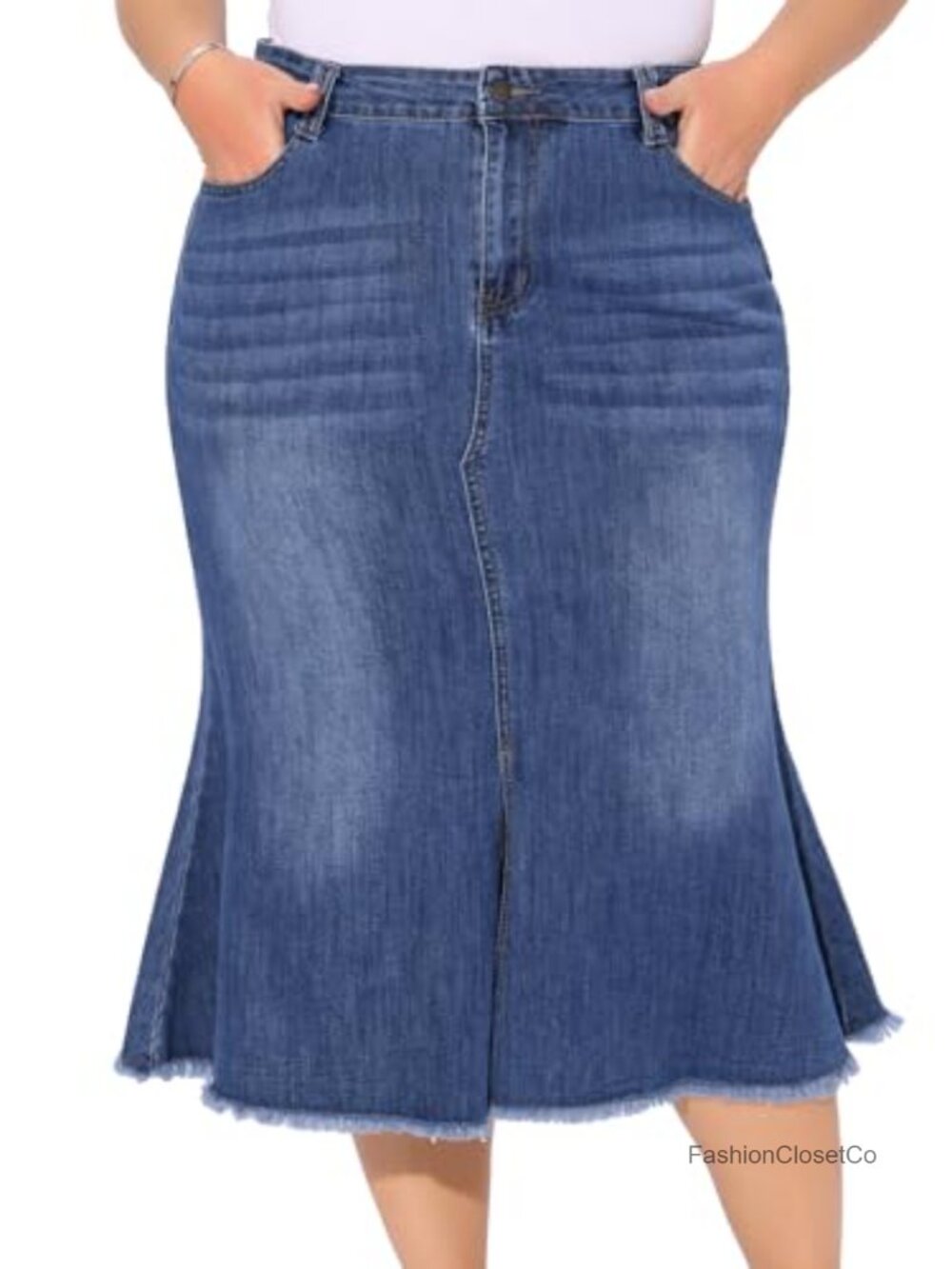Plus Size High Waist A Line Fishtail Midi Denim Skirt with Pockets